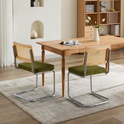 Set of 2 Velvet Dining Chairs with Rattan Back and Cantilever Chrome Base, Mid-Century Style, Olive Green