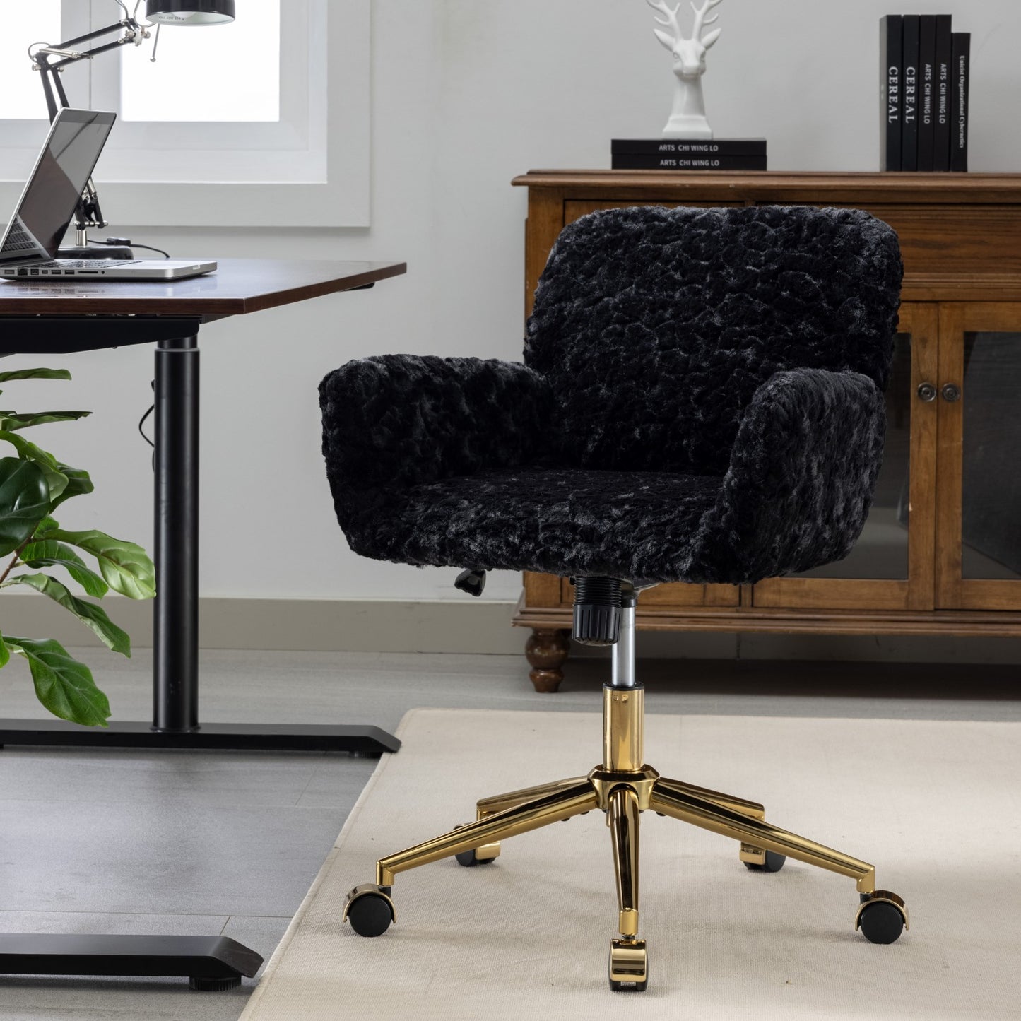 Elegant Black Upholstered Office Chair with Golden Metal Base, Adjustable Swivel Design, Ideal for Home and Vanity Use