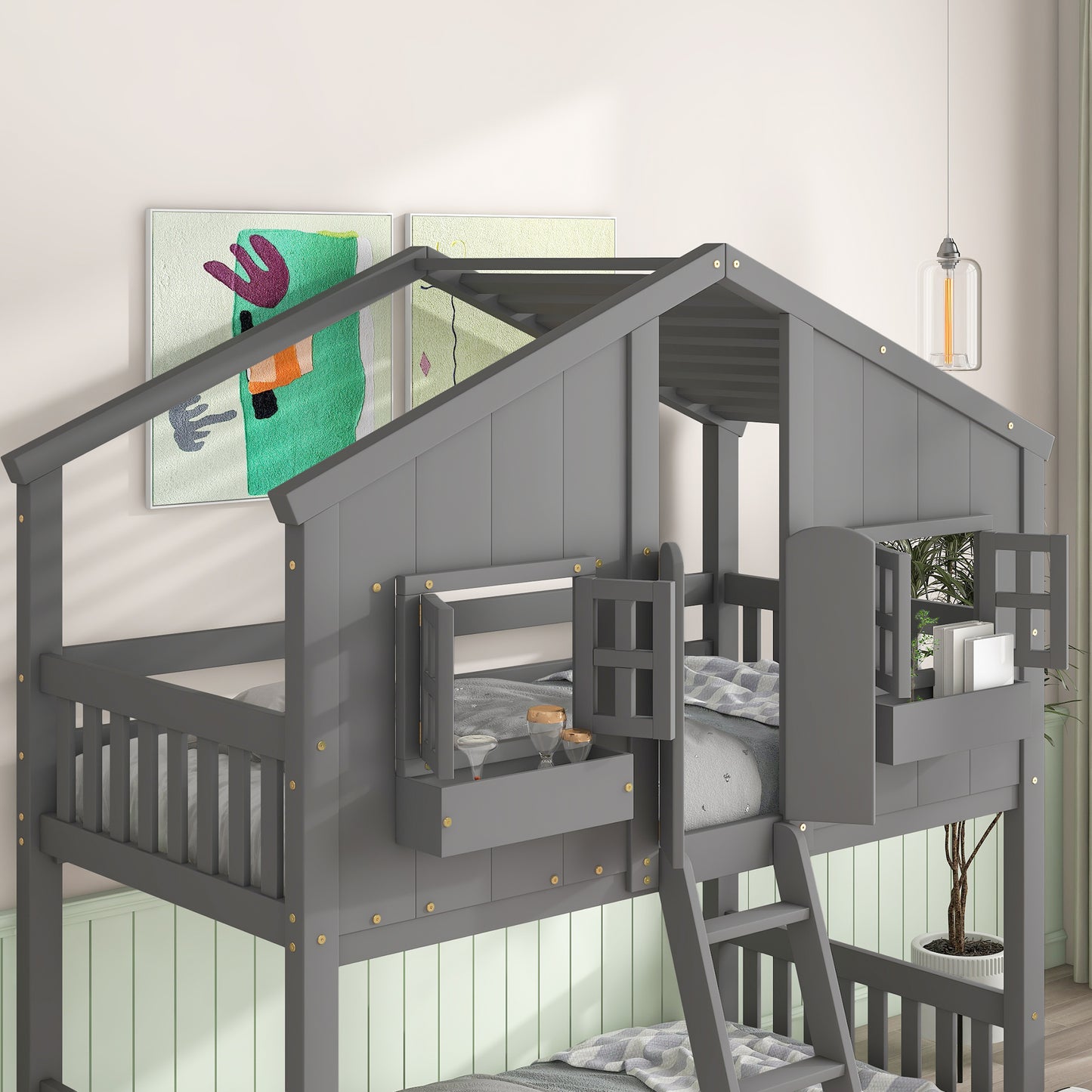 Twin House Bunk Bed for Kids with Roof and Windows - Twin Over Twin Design in Grey