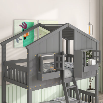 Twin House Bunk Bed for Kids with Roof and Windows - Twin Over Twin Design in Grey