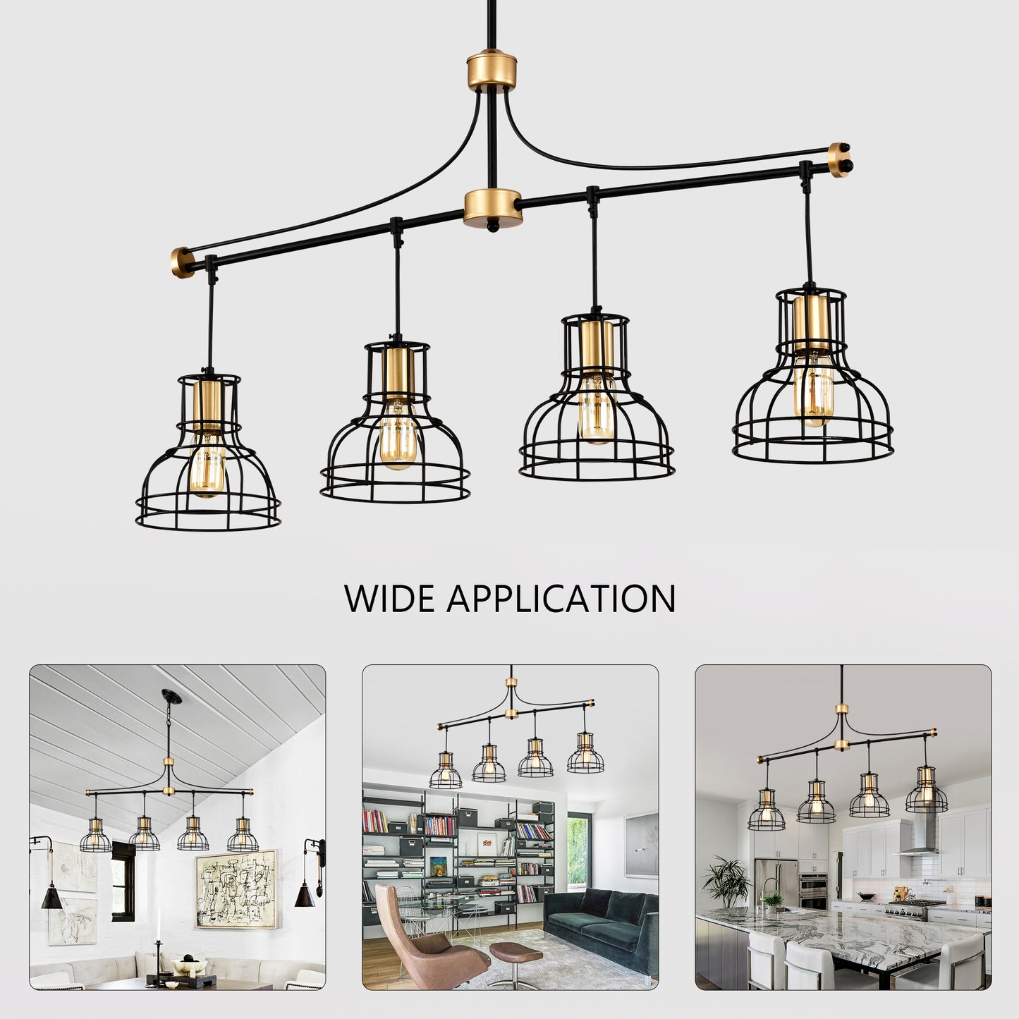 40-Inch Linear 4-Light Farmhouse Chandelier for Island, Metal Shade, Adjustable, Matte Black & Matte Gold