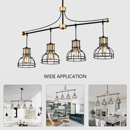 40-Inch Linear 4-Light Farmhouse Chandelier for Island, Metal Shade, Adjustable, Matte Black & Matte Gold