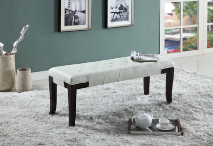 44-Inch Tufted Bench with Faux Leather, Button-Tufted, Solid Hardwood Legs, Espresso Finish, White