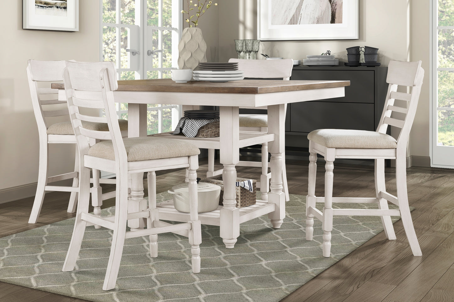 Antique White Finish Set of 2 Counter Height Chair Farmhouse Style Fabric Upholstered Seat Wooden Furniture Dining Chairs