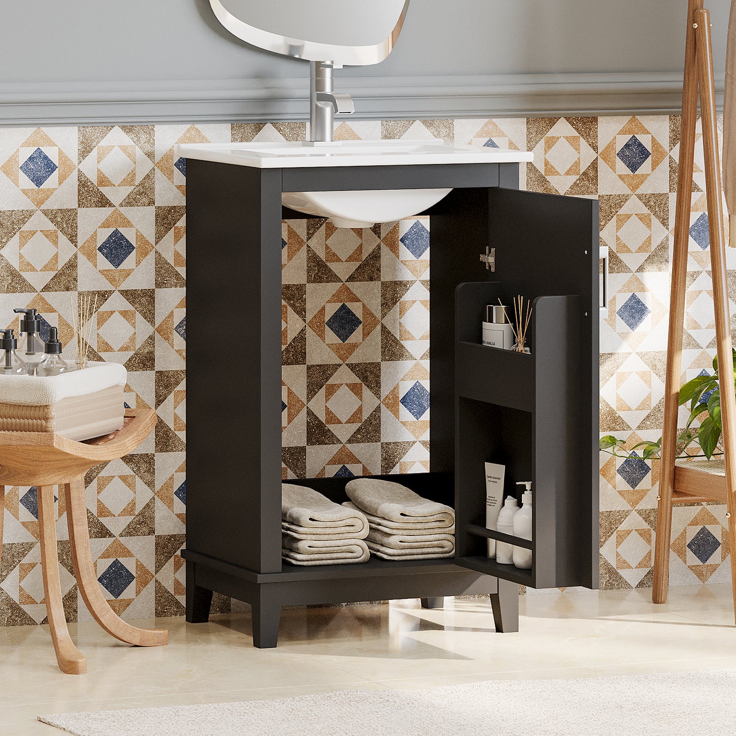 Compact 20-Inch Black Bathroom Vanity Cabinet with Ceramic Sink - Modern Design, Ample Storage, Soft-Close Door