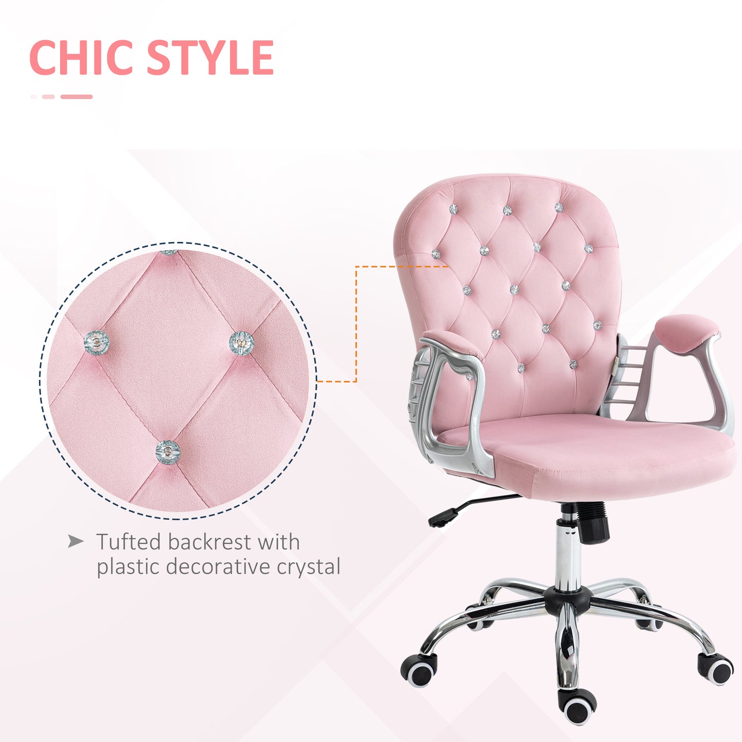 Pink Velvet Adjustable Office Chair with Padded Armrests and Swivel Wheels
