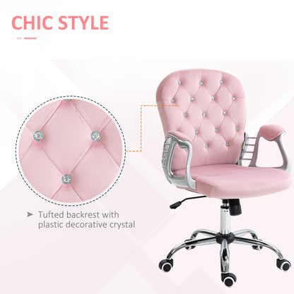 Pink Velvet Adjustable Office Chair with Padded Armrests and Swivel Wheels