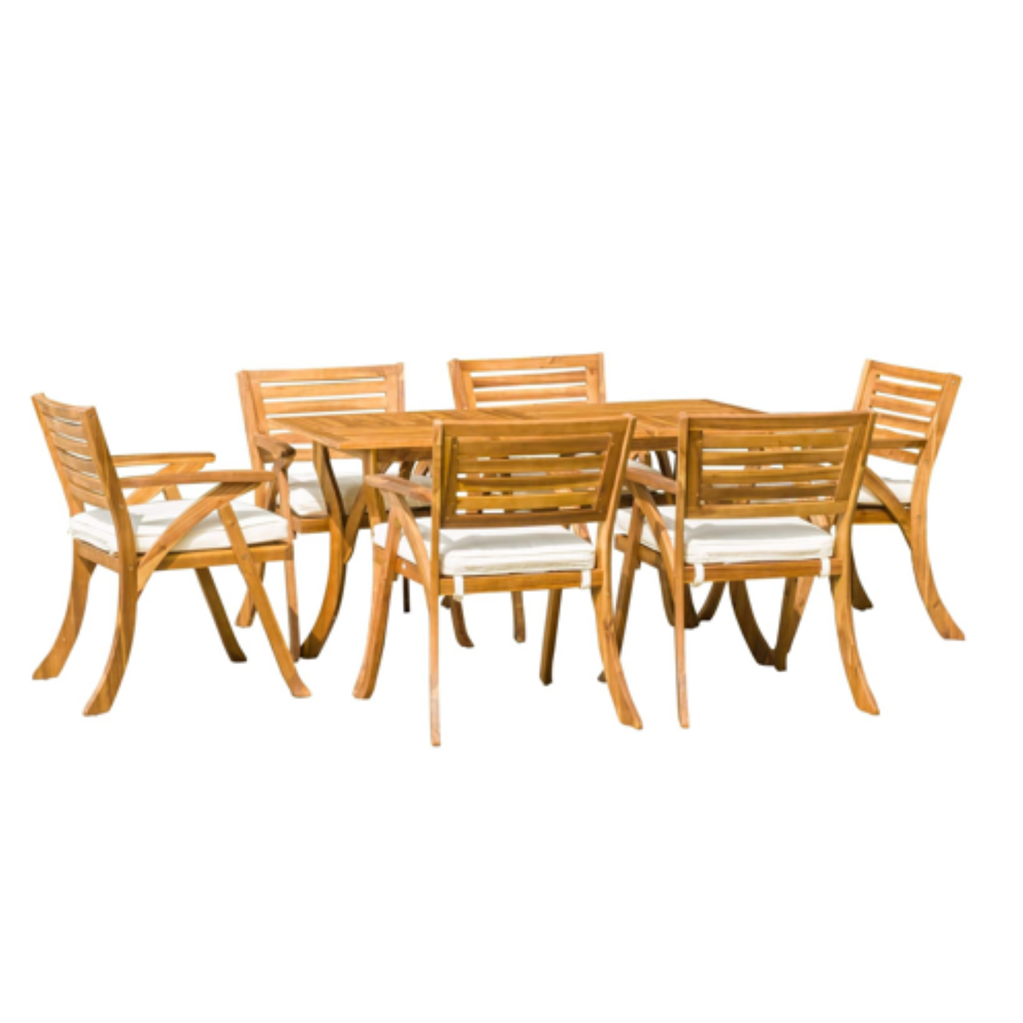 Outdoor 7-Piece Wood Dining Set with Cushions, Acacia Wood, Cream Cushions, Patio Dining Teak Finish