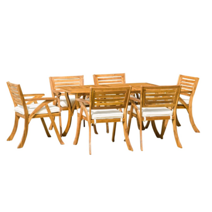 Outdoor 7-Piece Wood Dining Set with Cushions, Acacia Wood, Cream Cushions, Patio Dining Teak Finish