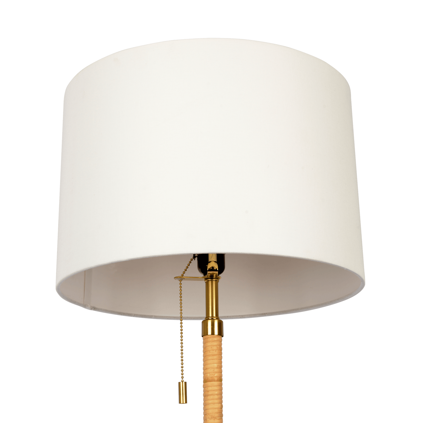 Natural Wood and Rattan Floor Lamp with White Linen Shade, 100W Type A, On/Off Chain, Gold Brass Finish