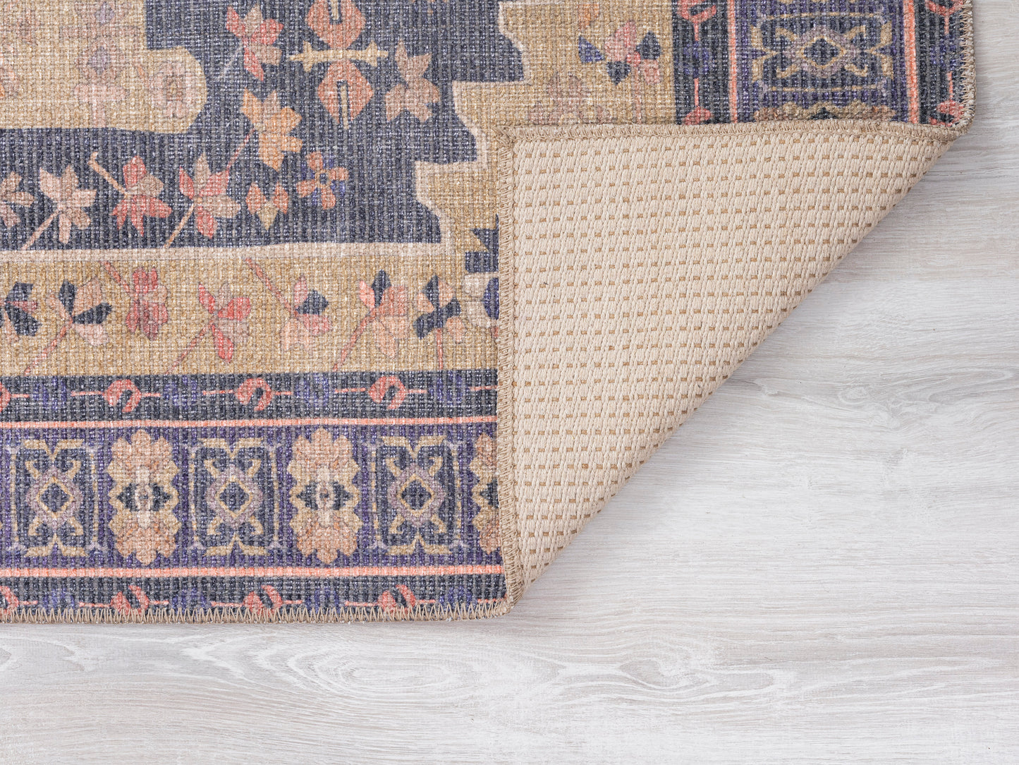 7'6" x 10' Polyester Area Rug, Distressed Pile, Traditional Medallion Border, Loomed, Indoor Purple