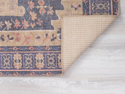 7'6" x 10' Polyester Area Rug, Distressed Pile, Traditional Medallion Border, Loomed, Indoor Purple