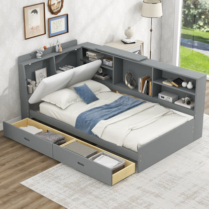 Gray Wood Twin Platform Bed with Storage Headboard, Shelves, and Dual Drawers