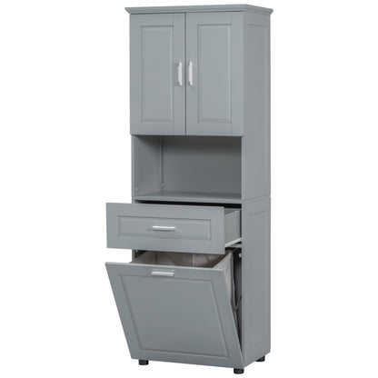 Tall Grey Storage Cabinet with Removable Laundry Hamper, Multi-Functional Upper Shelves and Cabinet Doors