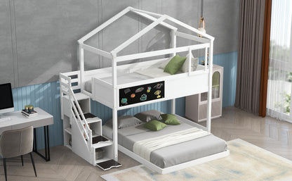 Whimsical Twin over Full House Bunk Bed with Storage Steps and Blackboard, White