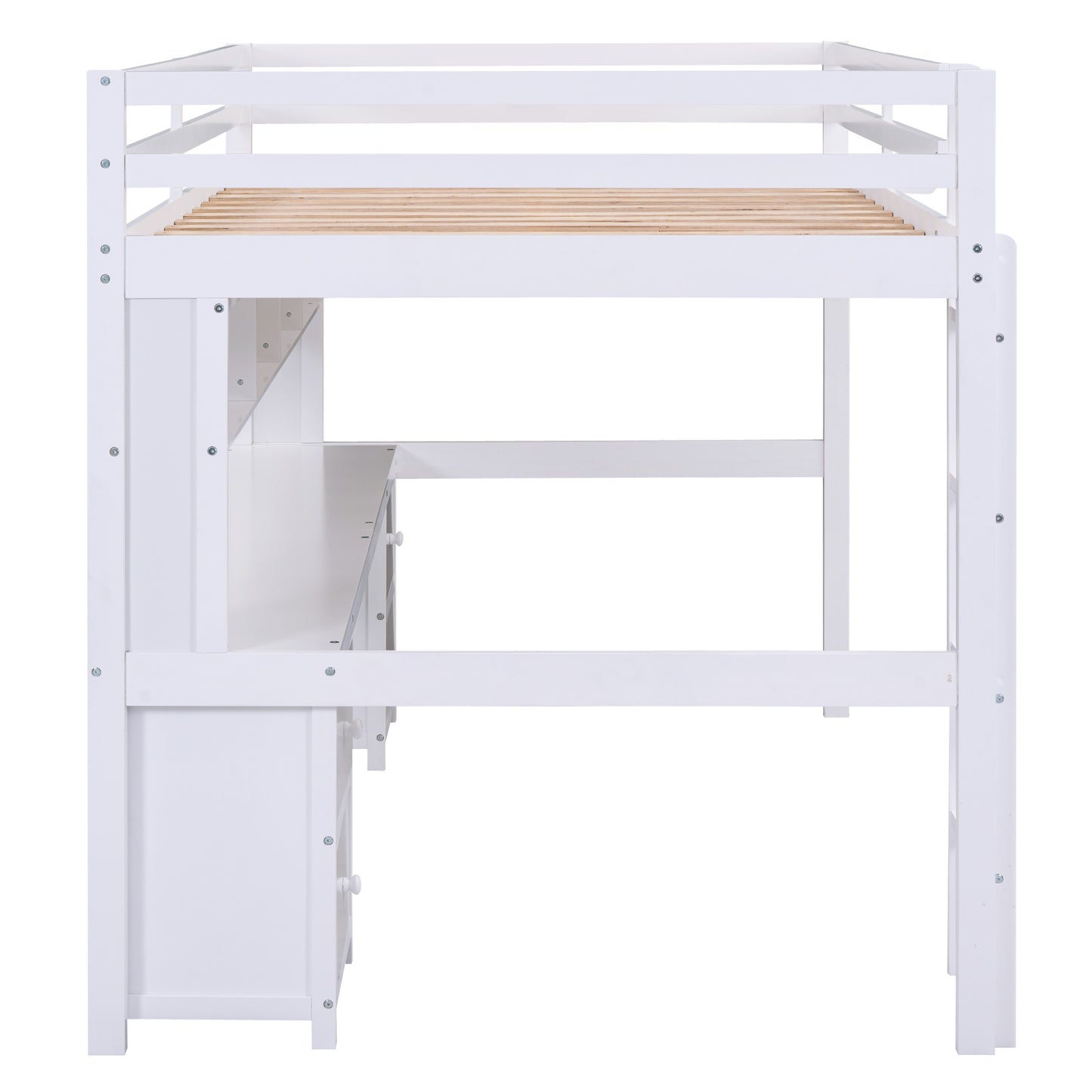 White Full Size Loft Bed with Integrated Desk, Storage Drawers, Bedside Tray, and Charging Station