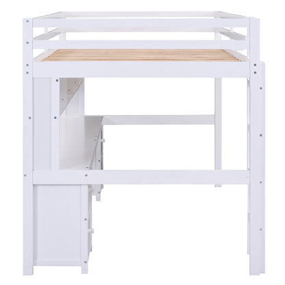 White Full Size Loft Bed with Integrated Desk, Storage Drawers, Bedside Tray, and Charging Station
