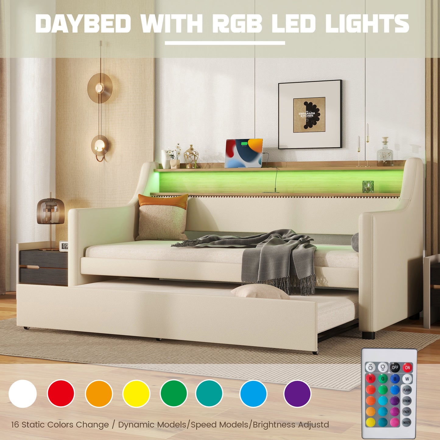 Beige Twin Size Upholstered Daybed with Trundle, USB Charging Station & LED Lighting