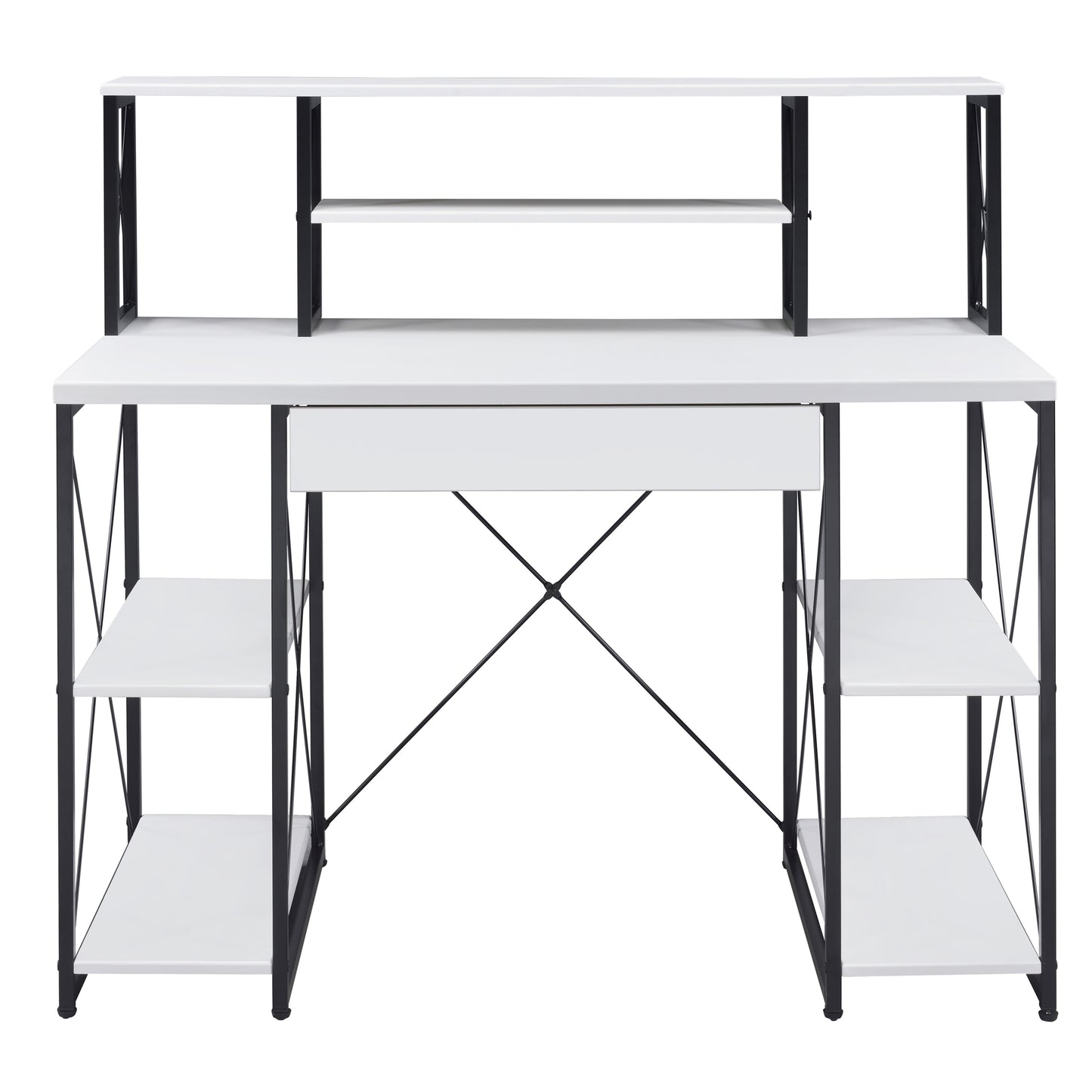 Modern White and Black Writing Desk with Open Shelving and Hutch