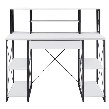 Modern White and Black Writing Desk with Open Shelving and Hutch