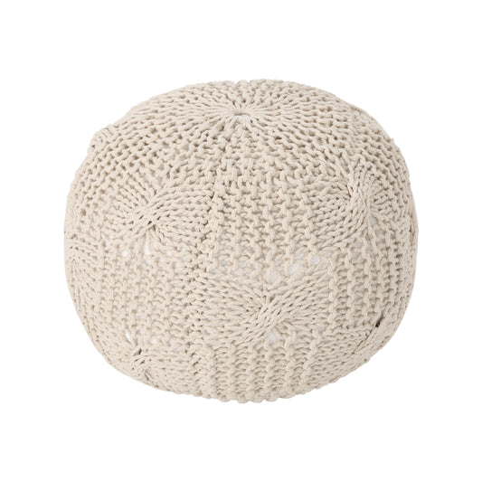 Knitted Cotton Round Pouf Ottoman Floor Cushion, 20x20 in, Handcrafted, 200 lb Capacity, Beige