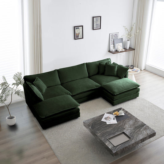 5-Seater U-Shape Sectional Sofa with Reversible Footrest, 2 Ottomans, Modern Minimalist Chenille Green
