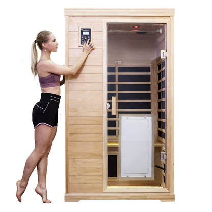 Two-Person Far-Infrared Hemlock Indoor Sauna with 9 Heating Panels, LCD Touch, Bluetooth, 1750W - Natural