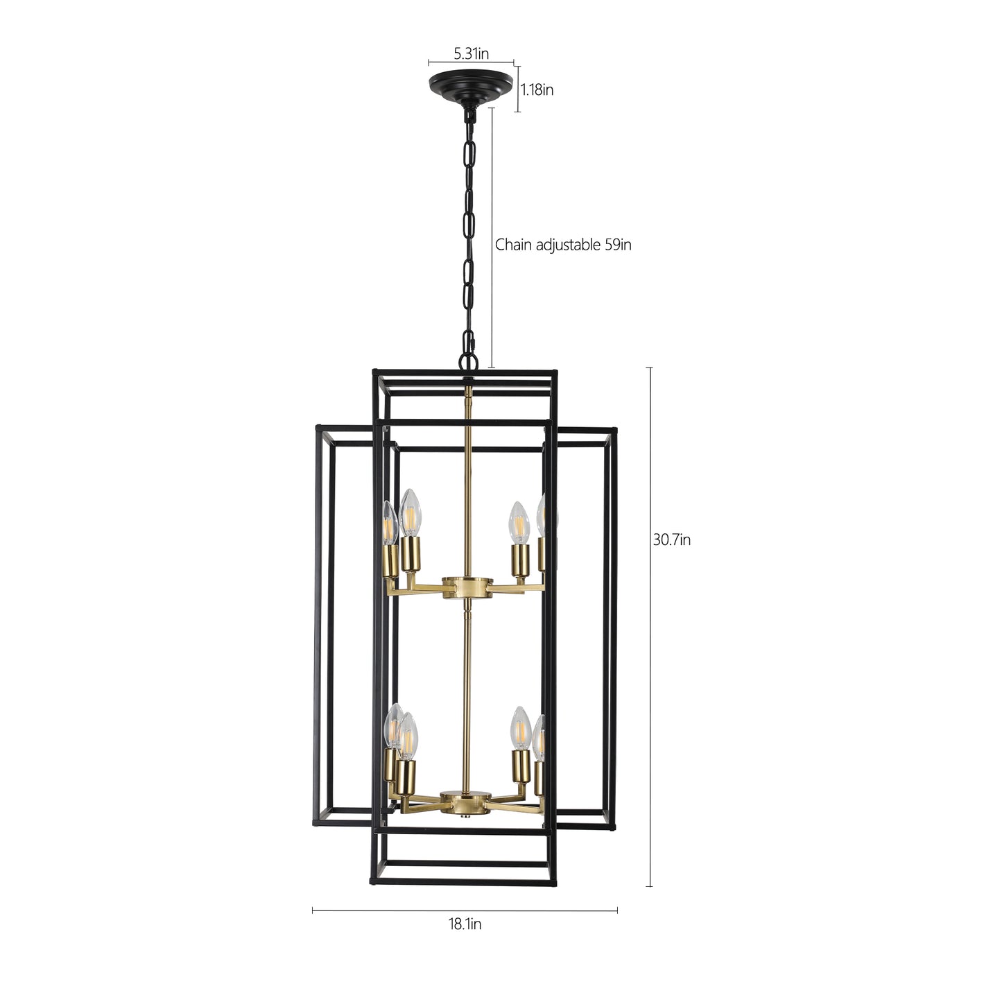 8-Light Lantern Pendant Industrial Farmhouse Chandelier Kitchen Island 60in Adjustable Boom Black & Gold