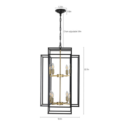 8-Light Lantern Pendant Industrial Farmhouse Chandelier Kitchen Island 60in Adjustable Boom Black & Gold