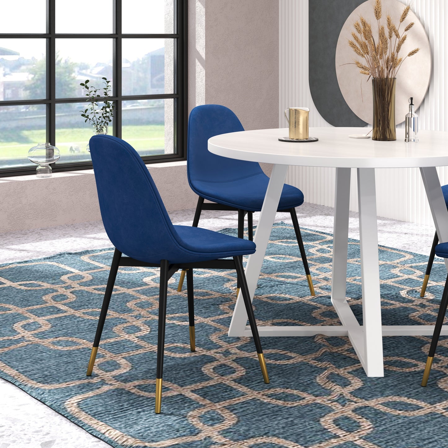 Round Dining Set With Trestle Table And Four Chairs Blue