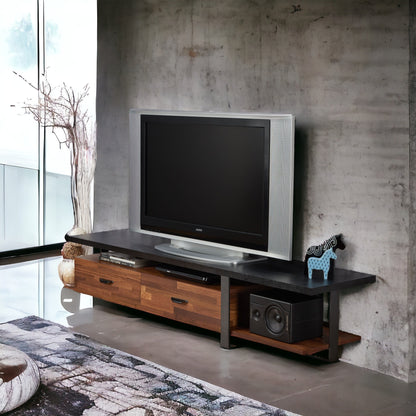 67-Inch TV Stand for 55-Inch TVs with 2 Drawers and 2 Open Shelves, Wood Top, Walnut & Black Finish