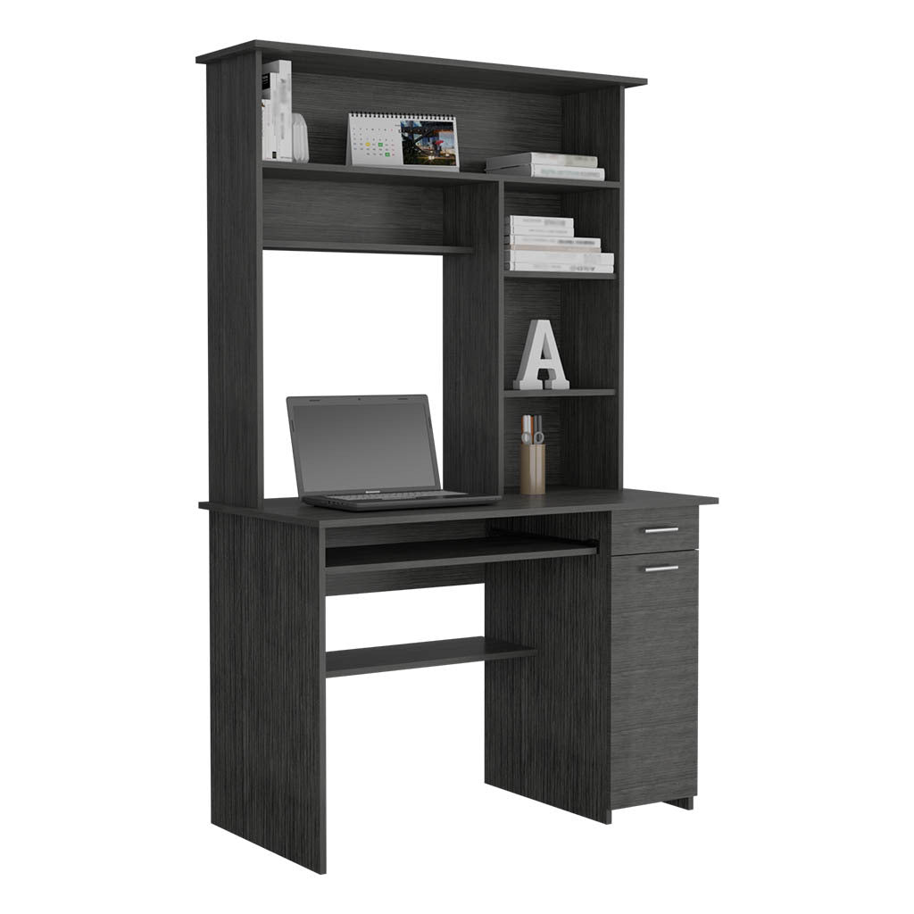 Smokey Oak Compu Hutch Desk with Keyboard Tray, CPU Door Panel, Shelves, and Drawer