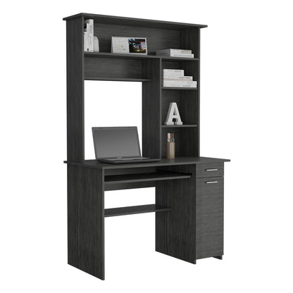 Smokey Oak Compu Hutch Desk with Keyboard Tray, CPU Door Panel, Shelves, and Drawer