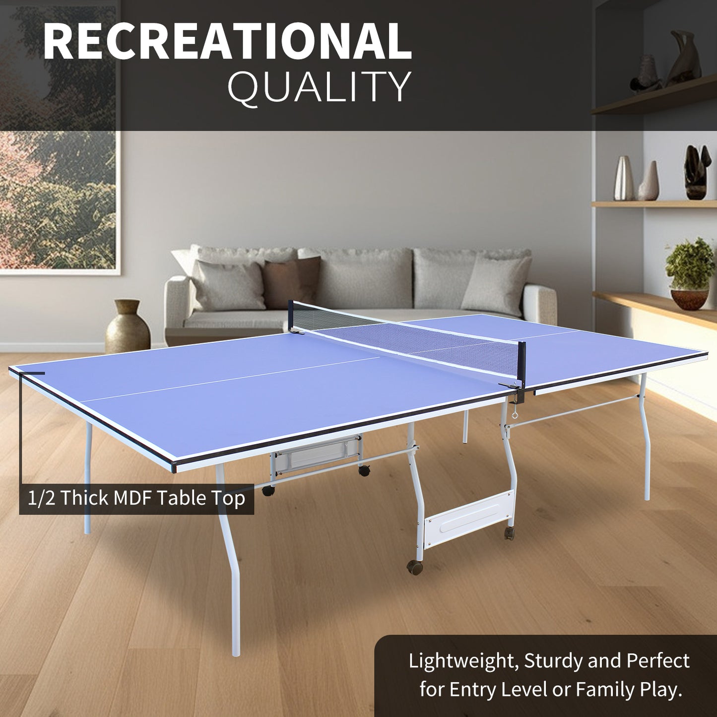 9-Foot Foldable Indoor Table Tennis Table with Net, Regulation-Size Ping Pong, Playback Blue