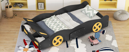 Twin Size Race Car Platform Bed with Storage and Wheels in Black and Yellow