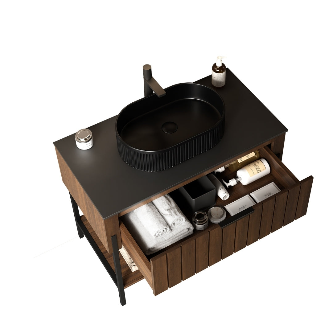 Modern ZENO 36" Freestanding Bathroom Vanity with Black Ceramic Vessel Sink and Dark Walnut Storage Cabinet