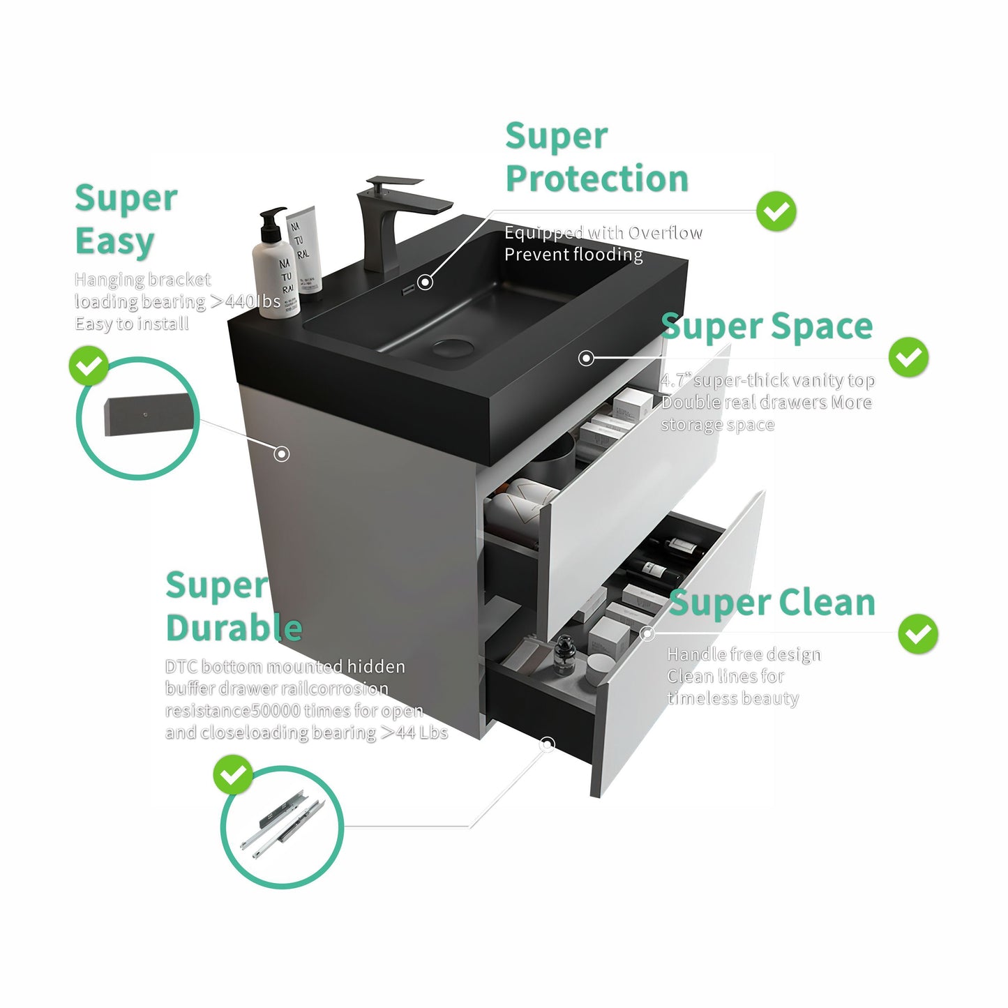 Alice 24" Modern White Floating Bathroom Vanity with Black Sink, Stylish Wall-Mounted Design and Ample Storage, Pre-assembled