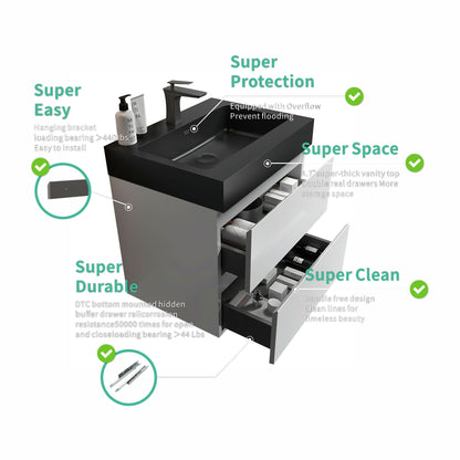 Alice 24" Modern White Floating Bathroom Vanity with Black Sink, Stylish Wall-Mounted Design and Ample Storage, Pre-assembled