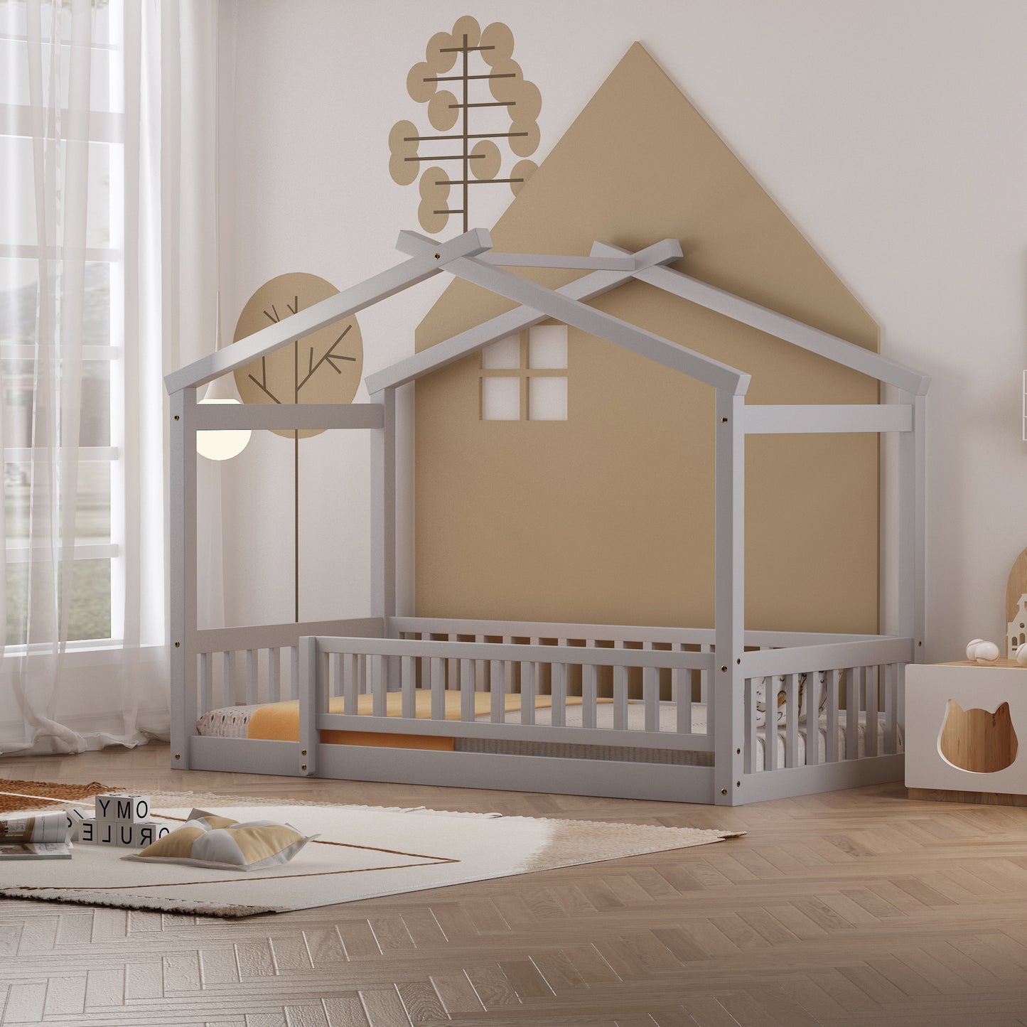 Whimsical Twin Wooden House Bed Frame with Fenced Design for Kids and Teens - Gray