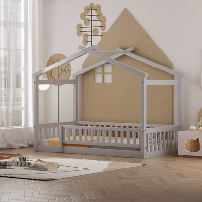 Whimsical Twin Wooden House Bed Frame with Fenced Design for Kids and Teens - Gray