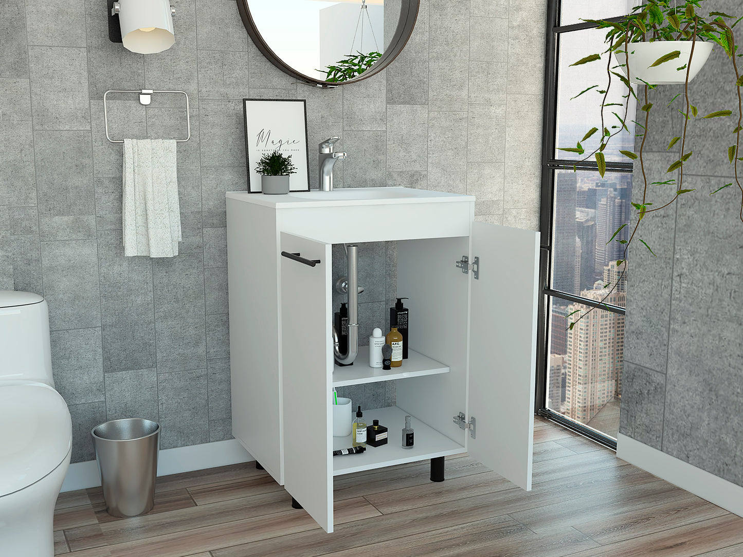 Modern 24" Free Standing White Bathroom Vanity with Double Doors and Two Shelves