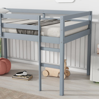 Grey Solid Rubber Wood Twin Loft Bed with Ladder and Sturdy Slat Support