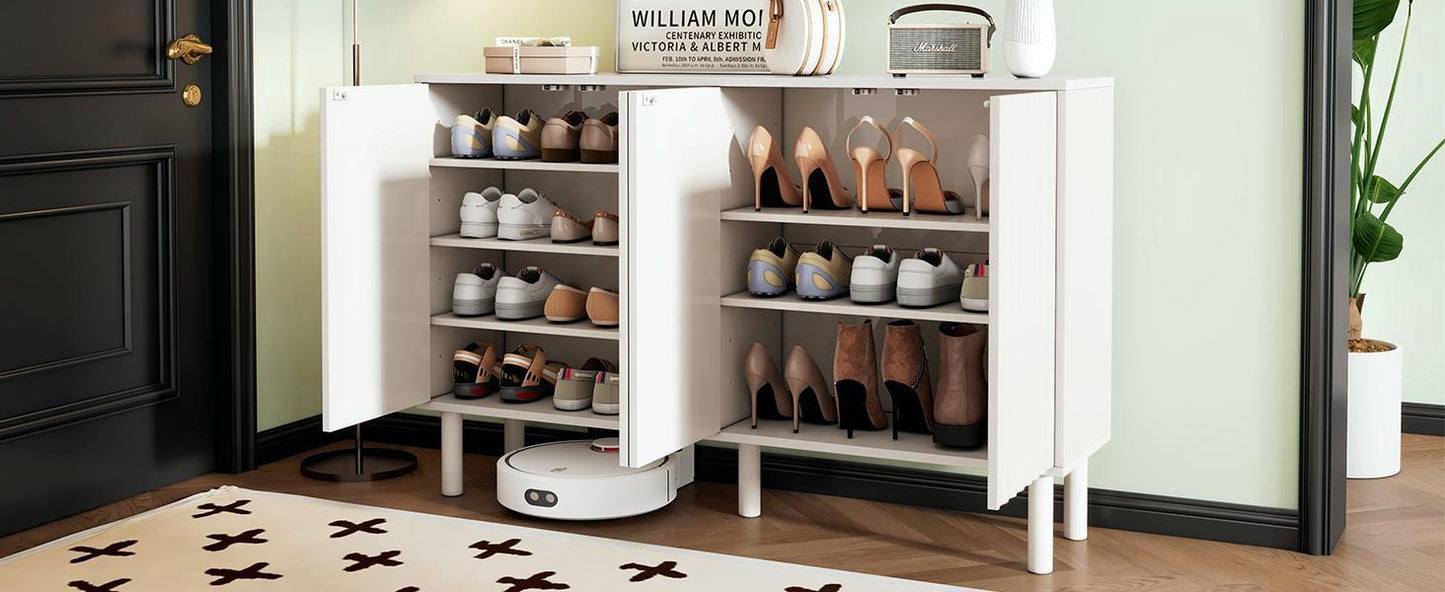 ON-TREND Minimalist Shoe Cabinet with 5 Solid Wood Legs, Cream Style Sideboard Buffet Cabinet with Fluted Doors, Large 4-Door Storage Cabinet with Adjustable Shelves for Living Room, White, 55.1*13.7"