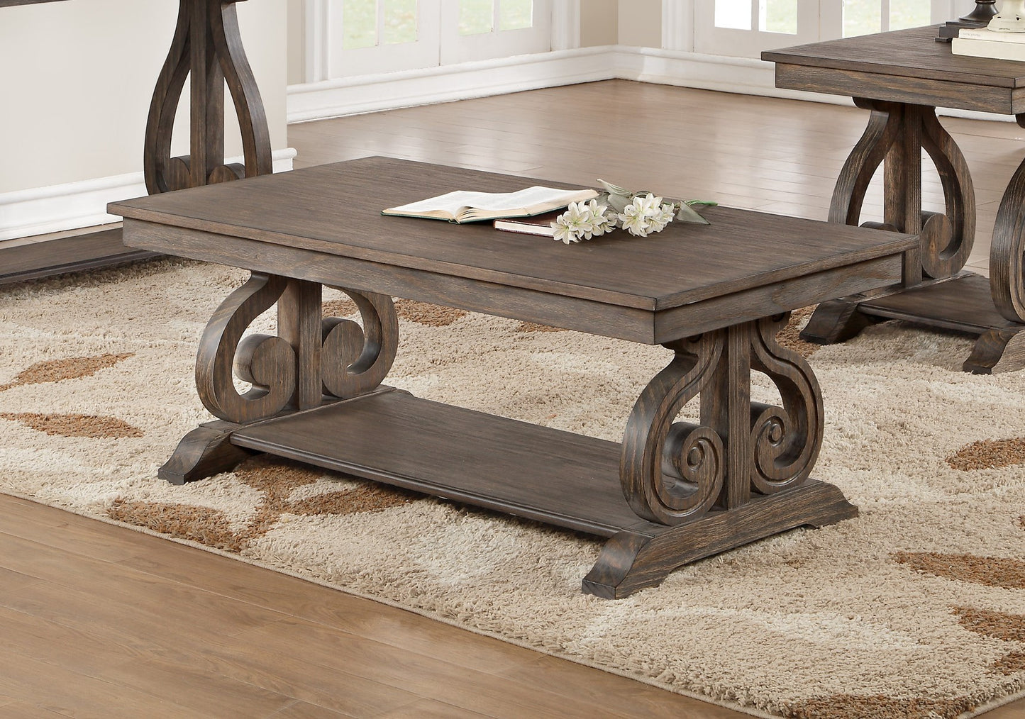 Cocktail Table with Lower Shelf, 48x26x19 in, Acacia Wood, Scrolled Base, Living Room, Dark Oak Finish