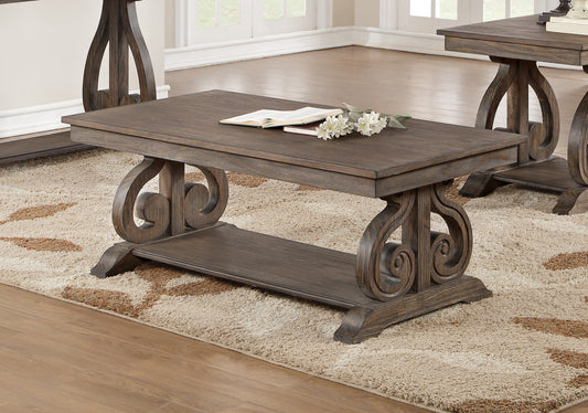 Cocktail Table with Lower Shelf, 48x26x19 in, Acacia Wood, Scrolled Base, Living Room, Dark Oak Finish