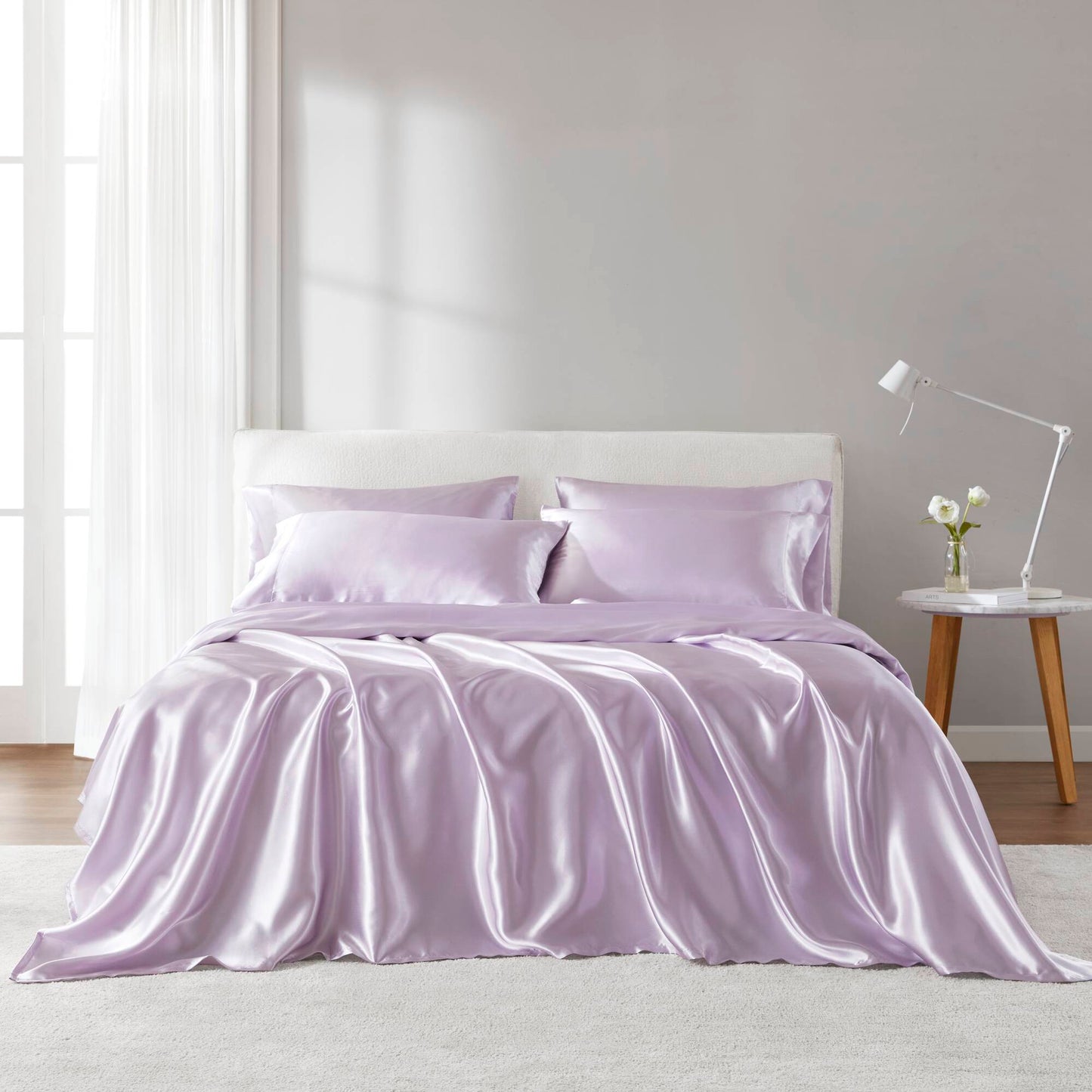Queen Satin Sheet Set 6-Piece, 100% Polyester, Wrinkle-Resistant, Fitted for 16-Inch Mattresses Lilac