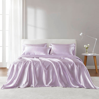 Queen Satin Sheet Set 6-Piece, 100% Polyester, Wrinkle-Resistant, Fitted for 16-Inch Mattresses Lilac