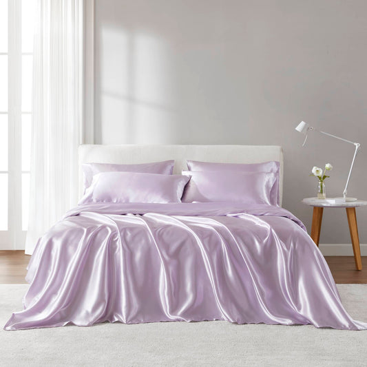Queen Satin Sheet Set 6-Piece, 100% Polyester, Wrinkle-Resistant, Fitted for 16-Inch Mattresses Lilac