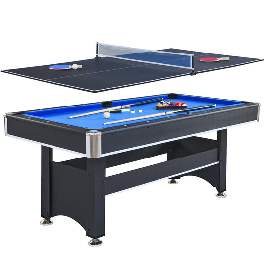 6-Foot Pool Table with Table Tennis Top, Space-Saving 2-in-1 Billiards Table, 72x38x31 in, Engineered Wood, Black