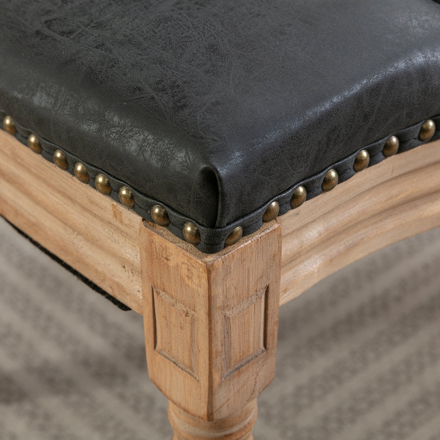 French Style Solid Wood Frame Dining Chairs Set of 2 with PU Leather, Nailhead Trim, Rubberwood, Black